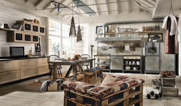 Linear Shabby Chic kitchen from 1956 in steel and wood by Marchi.