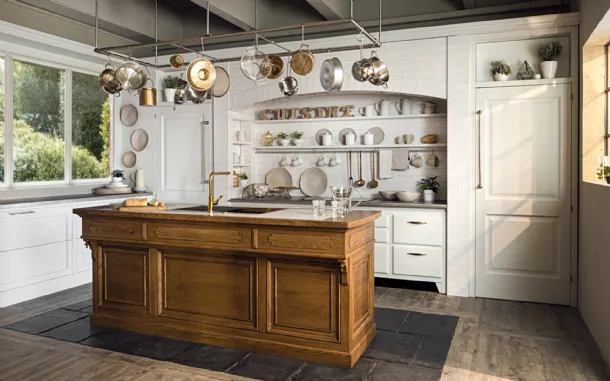 Shabby Chic kitchen with wooden island, ceramic and steel by Essenza di Marchi.
