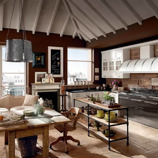 Corner shabby chic kitchen in lacquered wood and steel Kreola by Marchi.