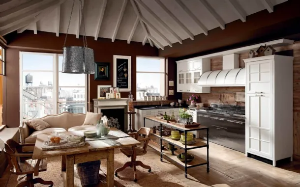 Corner shabby chic kitchen in lacquered wood and steel Kreola by Marchi.