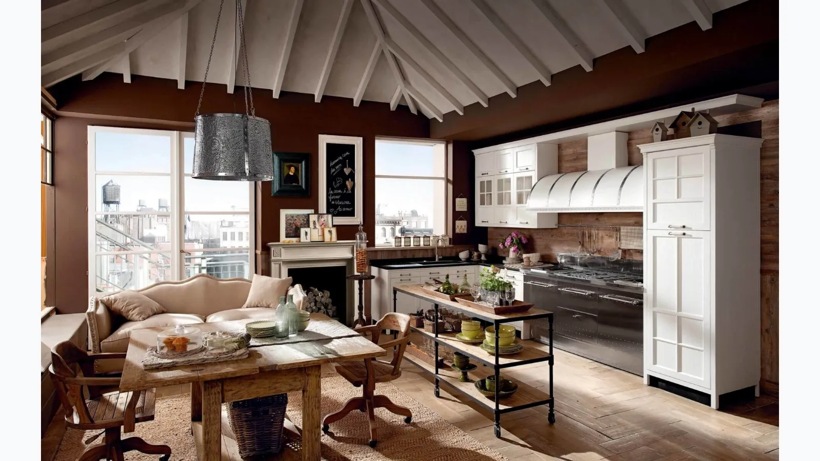 Corner shabby chic kitchen in lacquered wood and steel Kreola by Marchi.