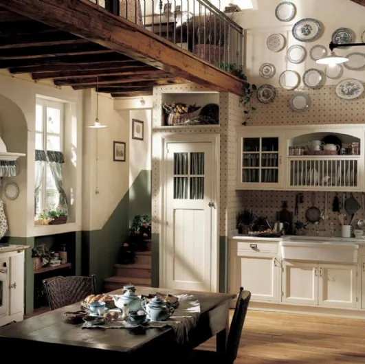 Shabby Chic corner kitchen in lacquered wood from the Marchi Old England collection.