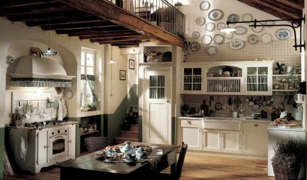 Shabby Chic corner kitchen in lacquered wood from the Marchi Old England collection.