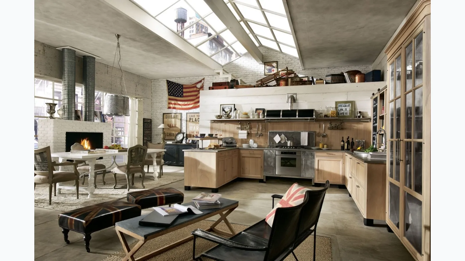 Shabby Chic corner kitchen with natural wood and aluminum Panamera peninsula by Marchi.