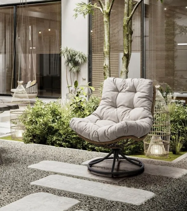 Azores armchair in steel, synthetic fiber, and upholstered fabric by Bizzotto