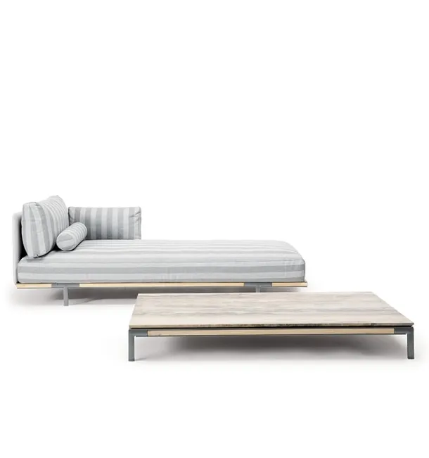 Baia Coffee Table with travertine top and Teak base by Ethimo.