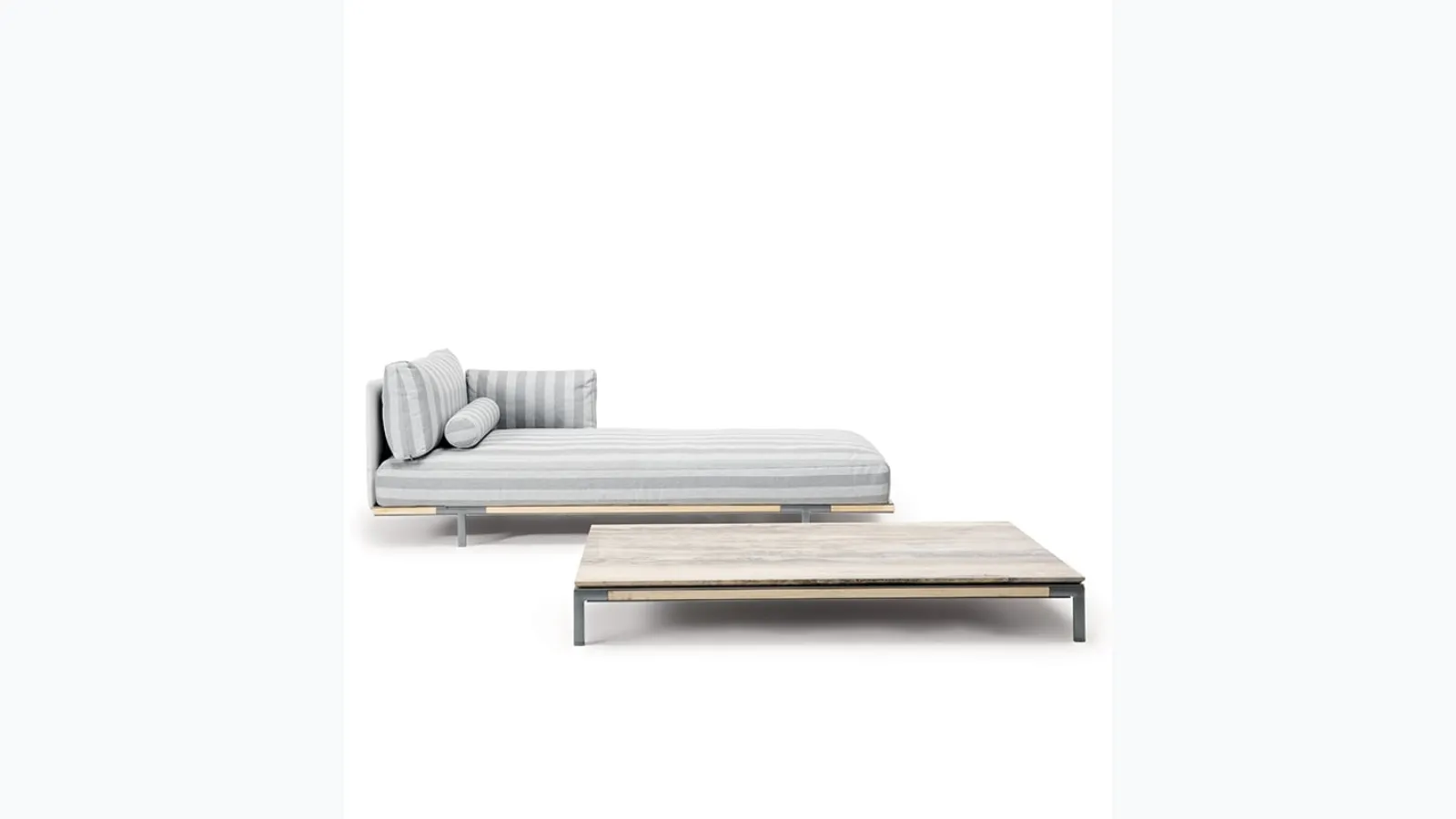 Baia Coffee Table with travertine top and Teak base by Ethimo.
