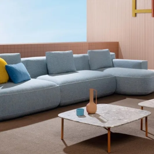 Fabric sofa with HPL Buddy tables by Pedrali
