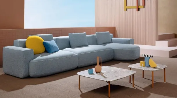 Fabric sofa with HPL Buddy tables by Pedrali