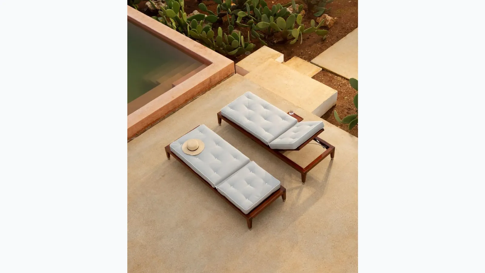 C'est la Vie wooden daybed in glossy mahogany finish with upholstery in Unopiu fabric.