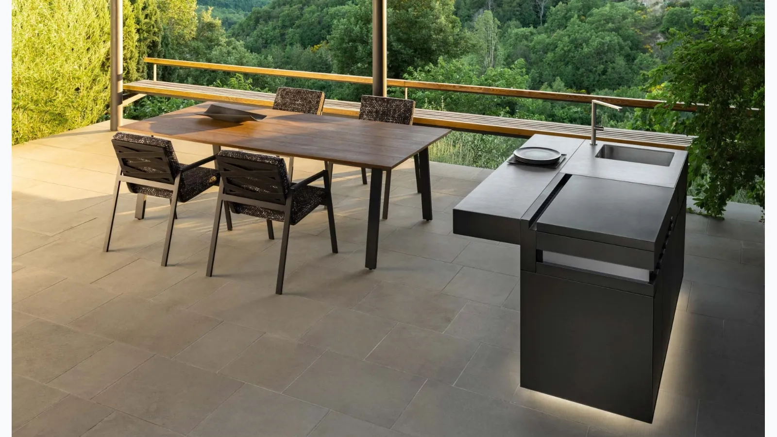 Wooden table and padded Cottage chairs by Talenti.