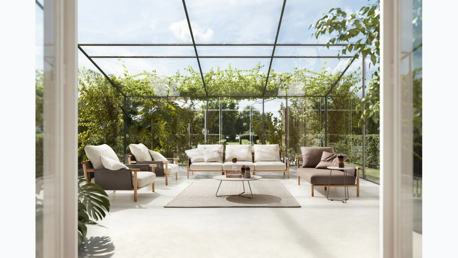 Isamu Sofa and Armchairs in upholstered fabric with a wooden frame by Ditre Italia.