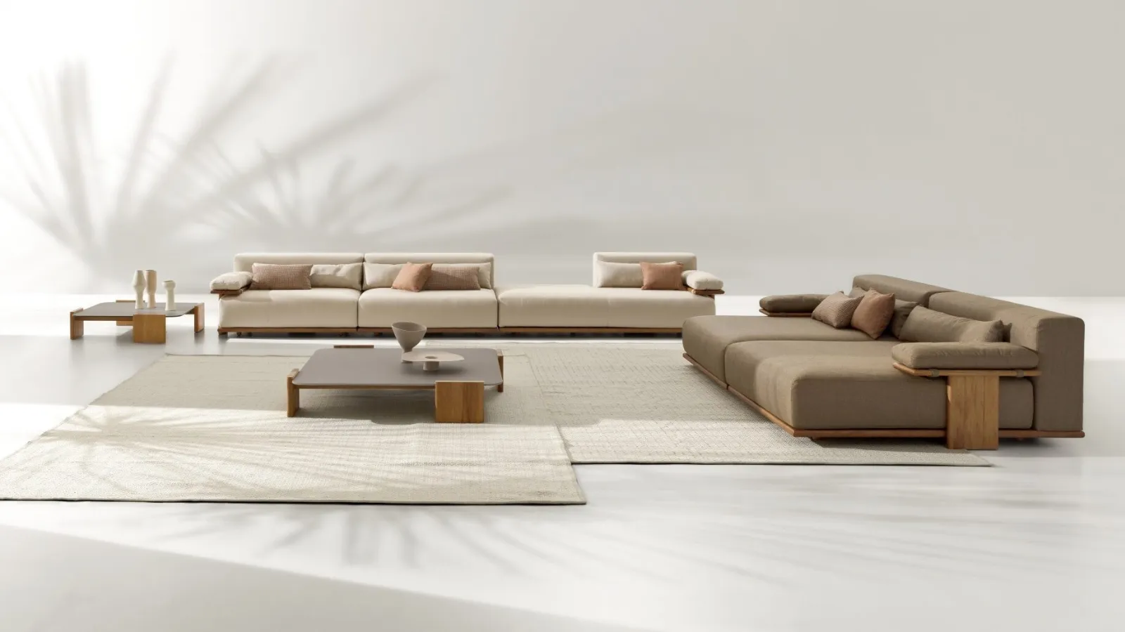 Tao sofa in fabric and iroko wood by Ditre Italy.