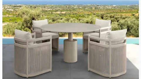 Table in stoneware and Edwin Alu aluminum chairs by Talenti.