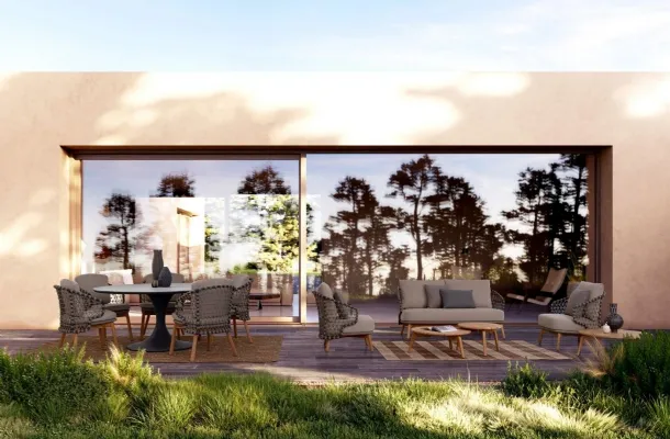 Eularia outdoor furniture in fabric and teak wood by Bizzotto.