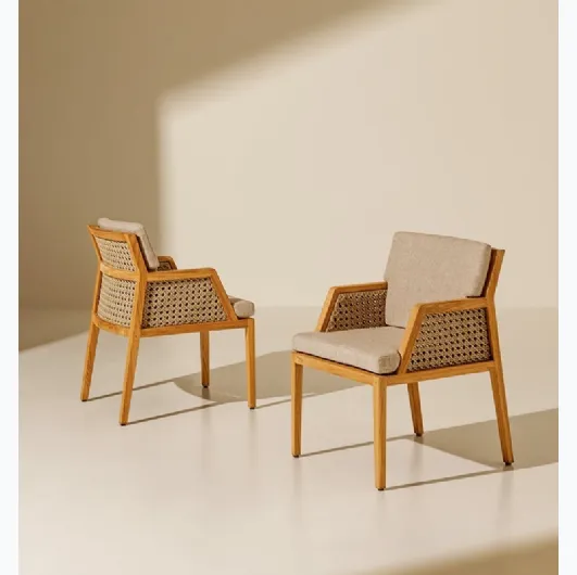 Grand Life armchair in teak, rope, and Ethimo fabric.