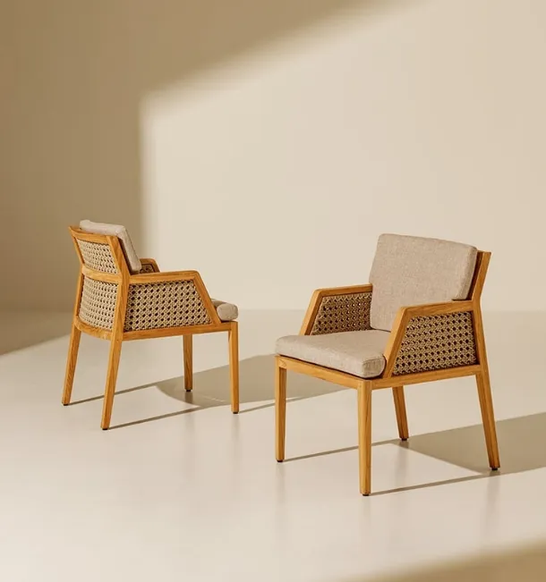 Grand Life armchair in teak, rope, and Ethimo fabric.