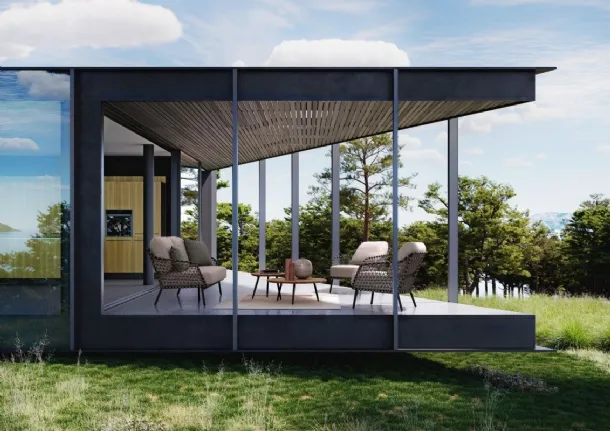 Outdoor furniture Ivissa in fabric with Bizzotto wooden table.