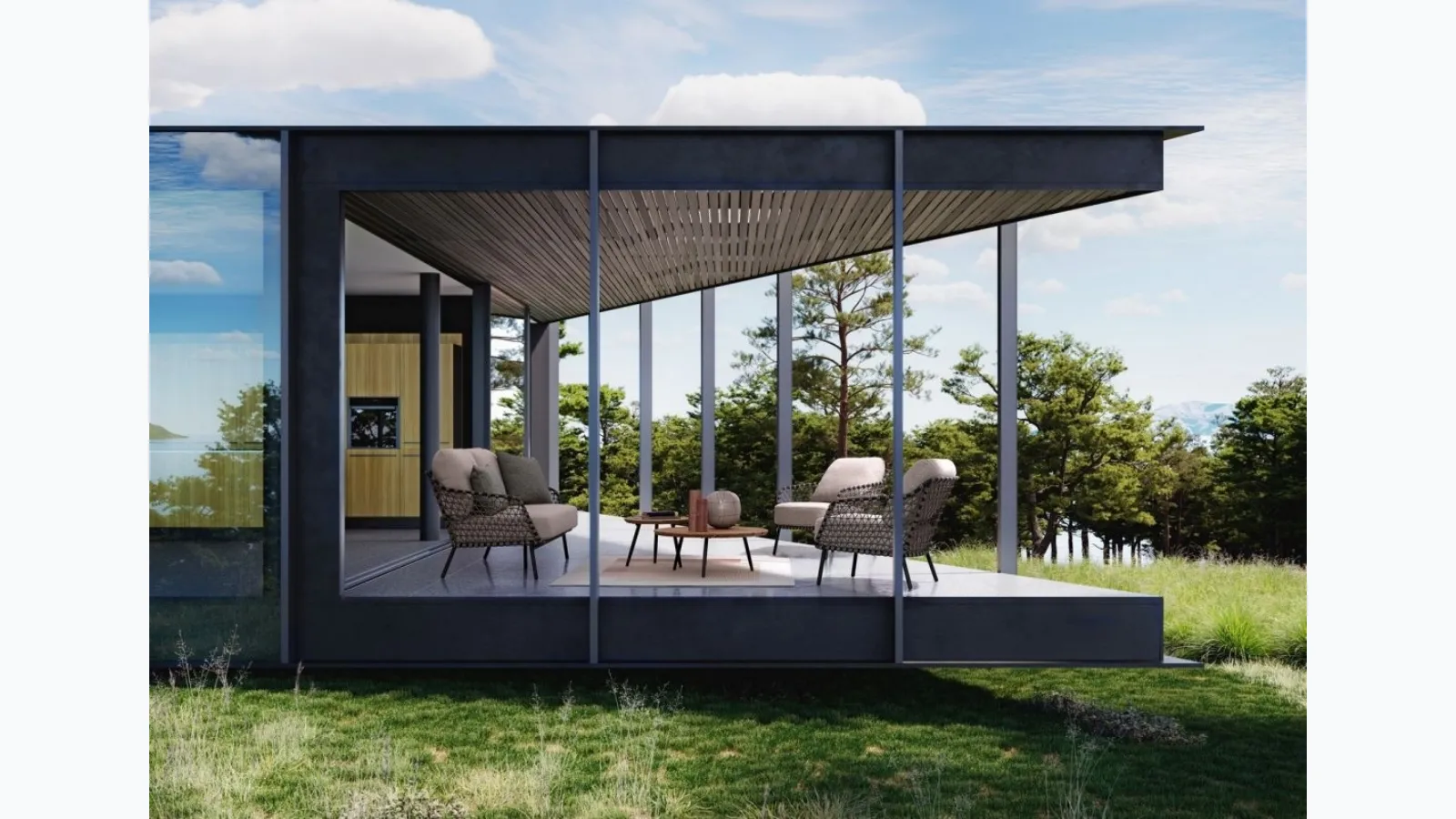 Outdoor furniture Ivissa in fabric with Bizzotto wooden table.