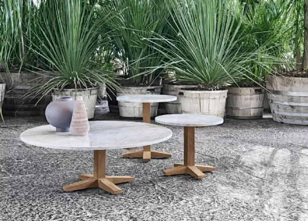 Jeko coffee table in marble and reclaimed teak by Gervasoni.