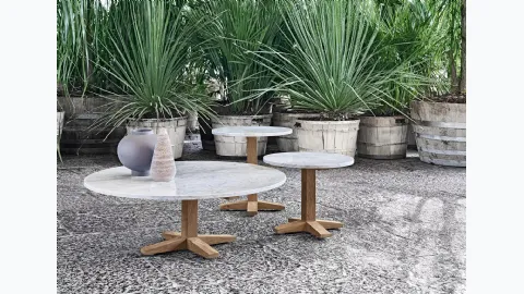 Jeko coffee table in marble and reclaimed teak by Gervasoni.