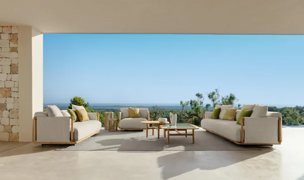 Jun outdoor furniture in wood and Talenti fabric.