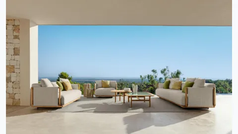 Jun outdoor furniture in wood and Talenti fabric.