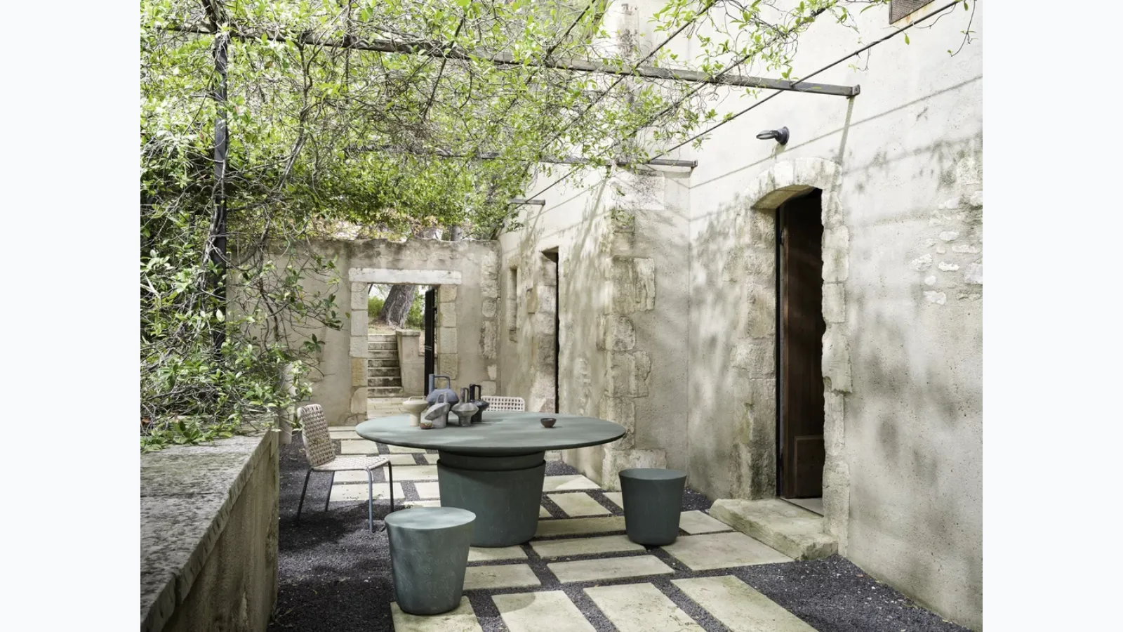 Kasane terracotta pouf and table by Gervasoni.