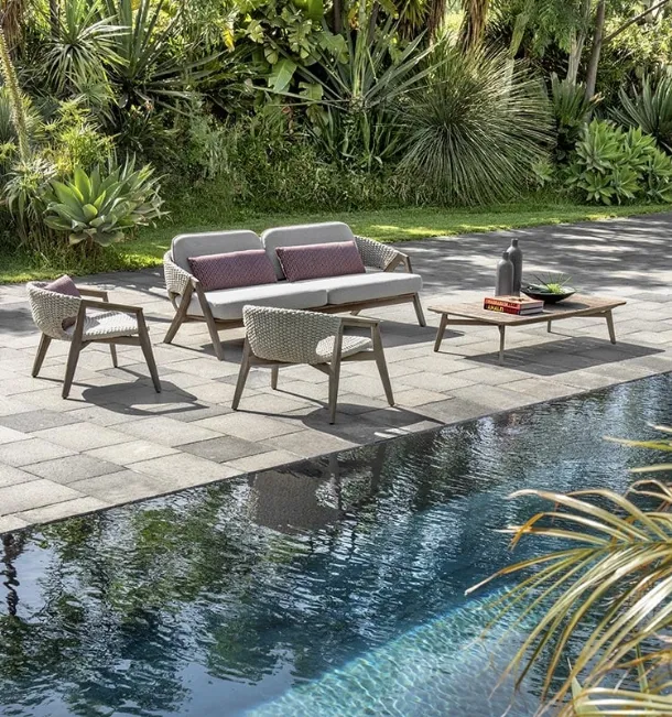 Ethimo's Knit living room in Teak and Rope