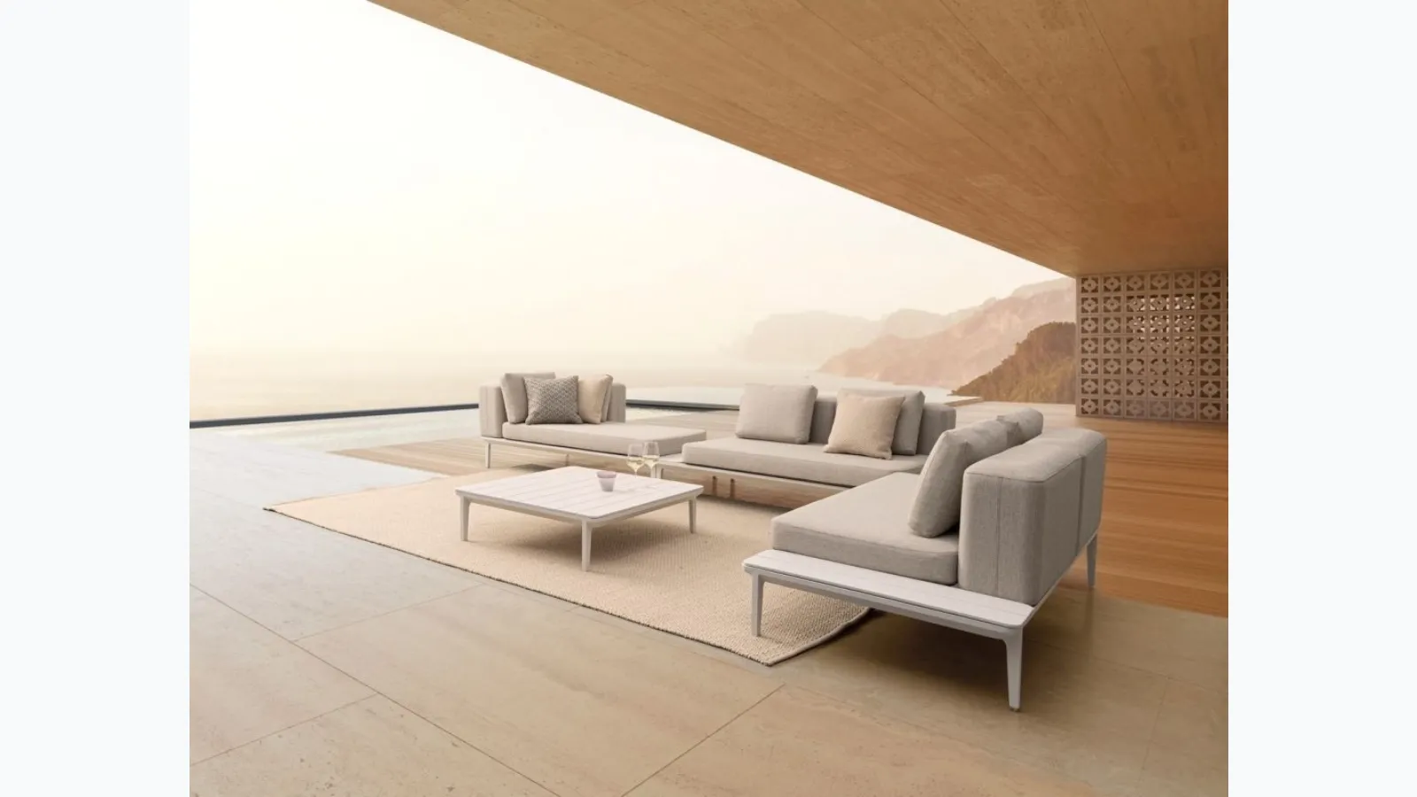 Corner fabric sofa with aluminum coffee table Matrix by Bizzotto.
