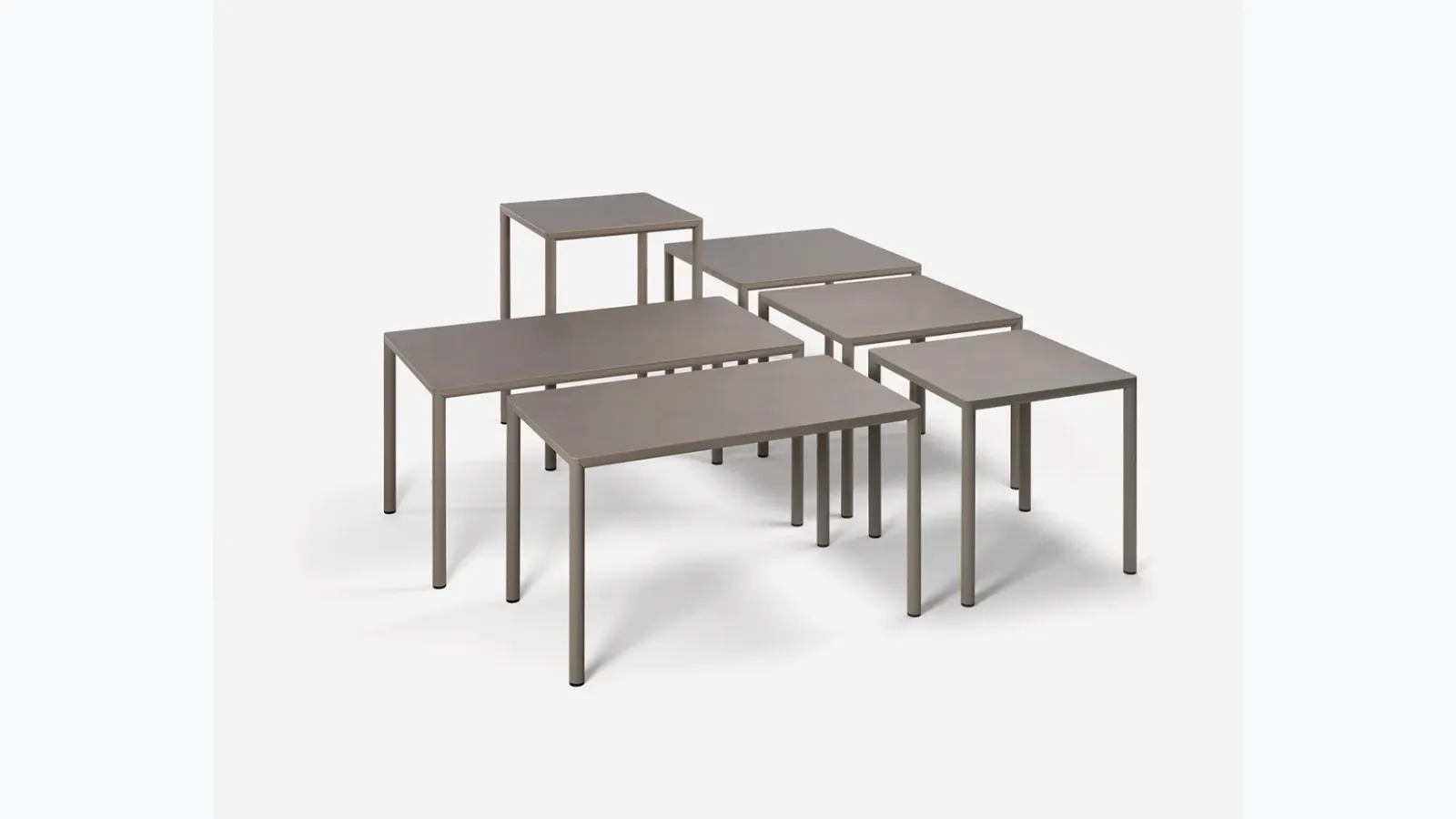 Outdoor Piave tables, available in various sizes in Nardi's HPL.