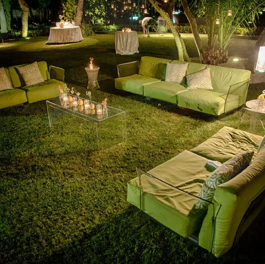 Kartell's Pop Outdoor furniture in transparent finish for outdoor use.