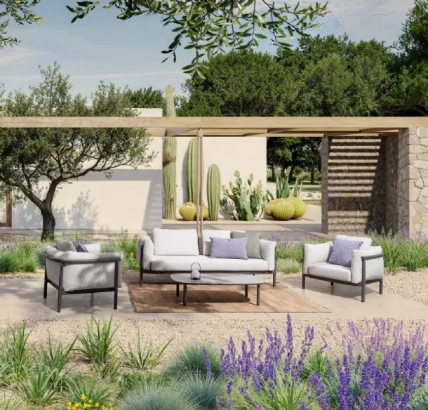 Theodore living room set in aluminum and water-repellent fabric by Bizzotto