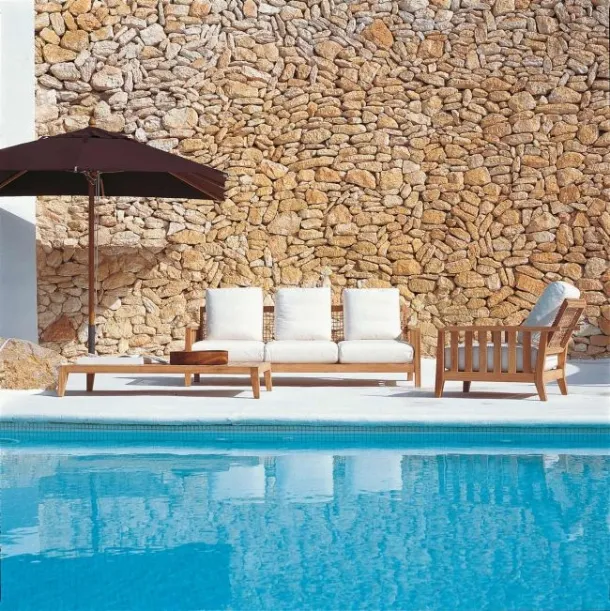 Synthesis sofa in teak, synthetic fiber, and padded fabric by Unopiu.