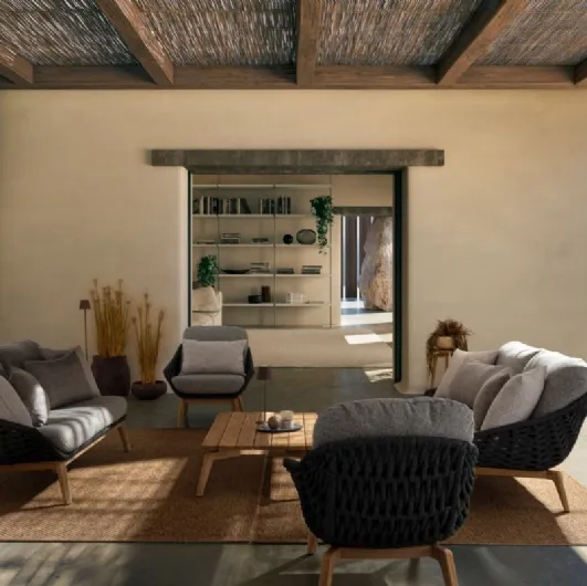 Outdoor furniture Tamires in padded fabric and teak by Bizzotto.