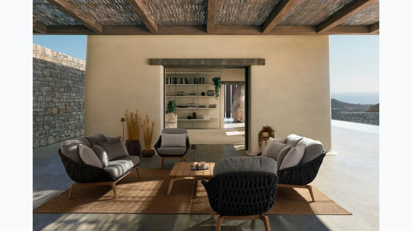 Outdoor furniture Tamires in padded fabric and teak by Bizzotto.