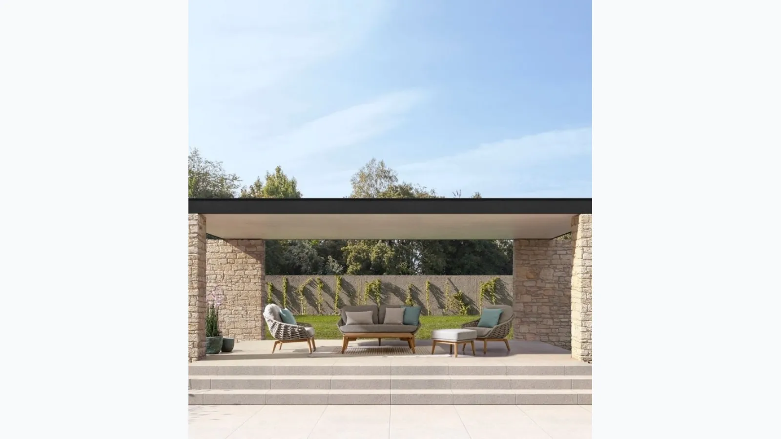 Outdoor furniture Tamires in padded fabric and teak by Bizzotto.
