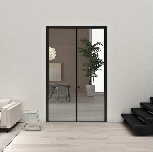 Aladin Double Swing Plain Mono interior door in glass with aluminum frame by Glas Italia.