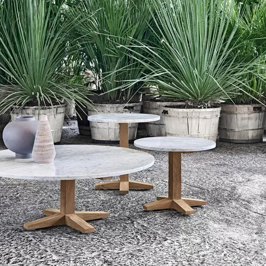 Jeko coffee table in marble and reclaimed teak by Gervasoni.