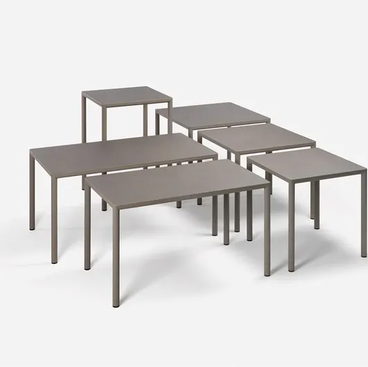 Outdoor Piave tables, available in various sizes in Nardi's HPL.