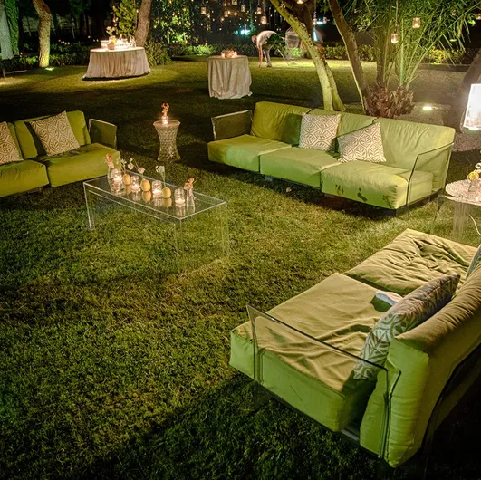 Kartell's Pop Outdoor furniture in transparent finish for outdoor use.