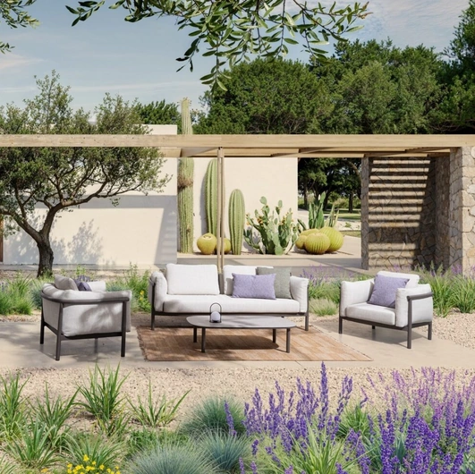 Theodore living room set in aluminum and water-repellent fabric by Bizzotto