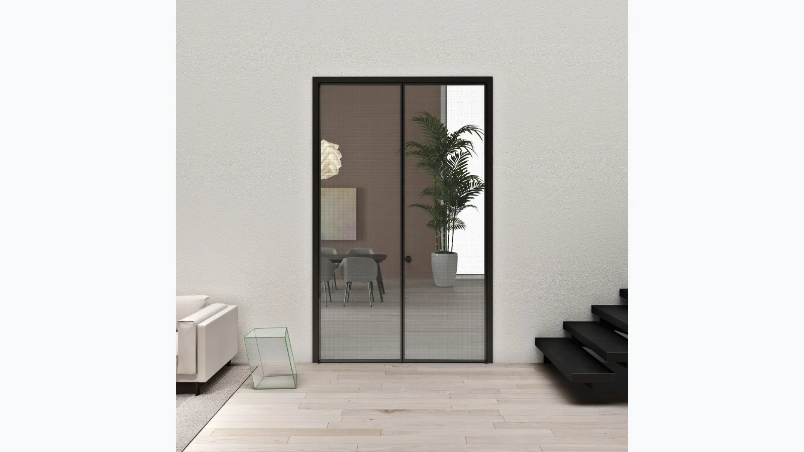 Aladin Double Swing Plain Mono interior door in glass with aluminum frame by Glas Italia.