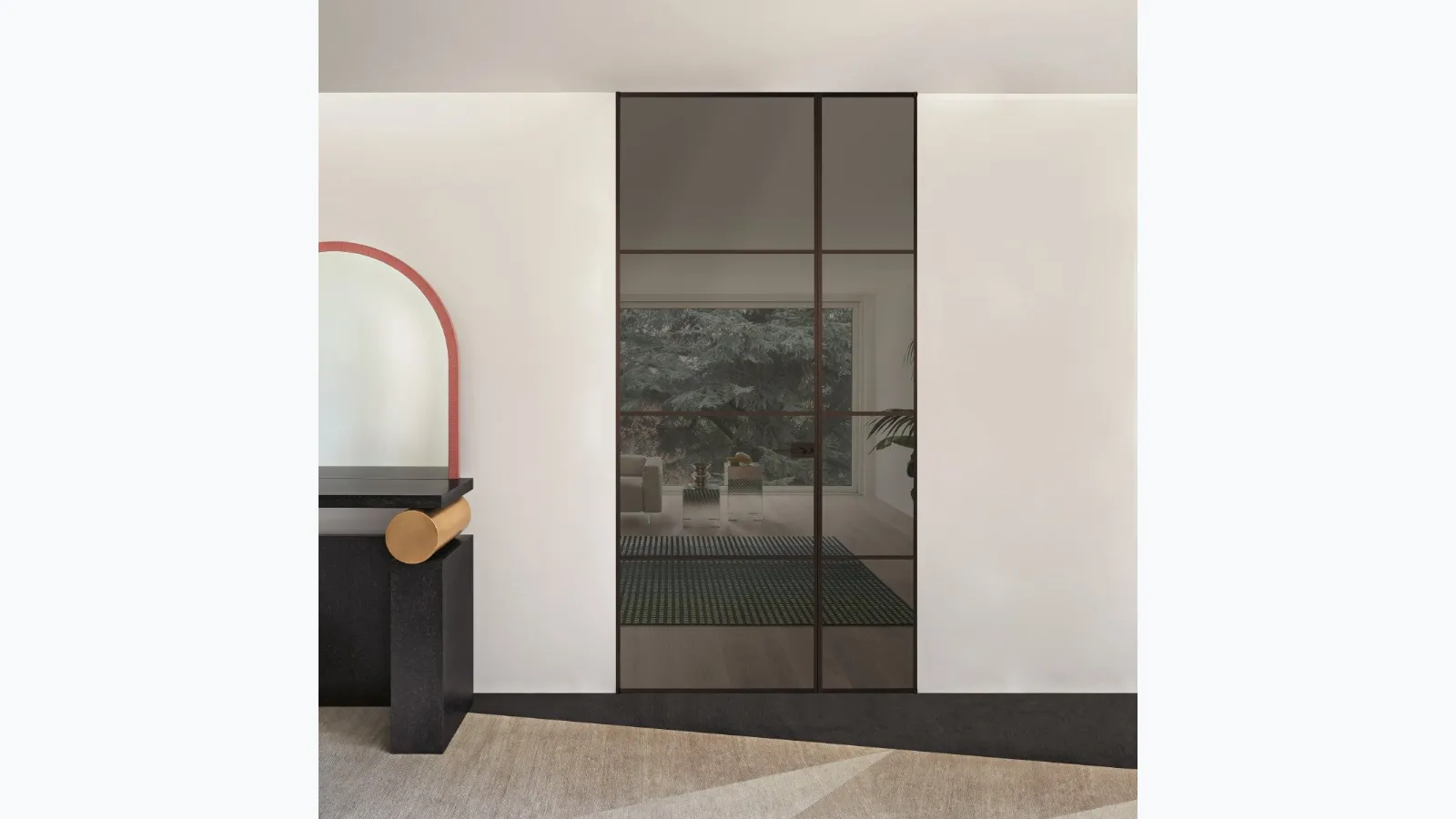 Sherazade Double Swing Plain Plus interior door in glass and aluminum by Glas Italia.