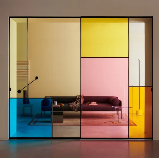 Indoor sliding door Sherazade Slide Patchwork in colored glass with aluminum frame by Glas Italia.