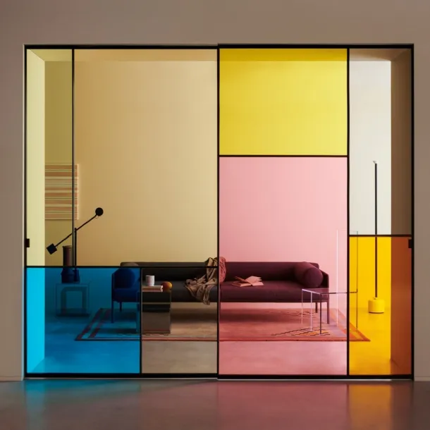 Indoor sliding door Sherazade Slide Patchwork in colored glass with aluminum frame by Glas Italia.