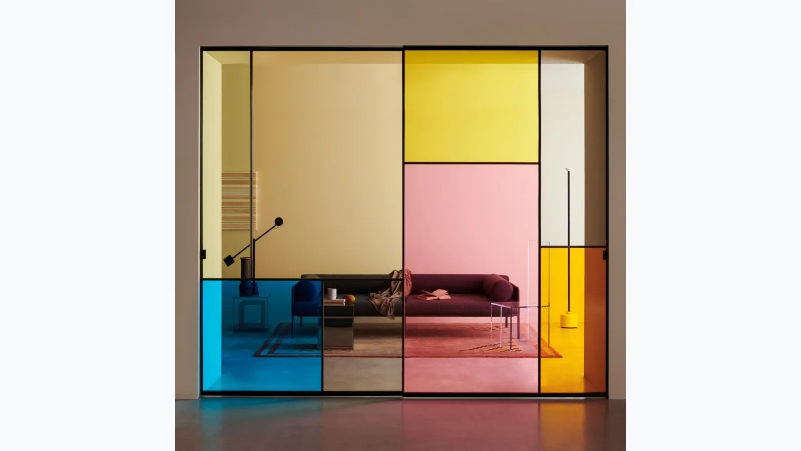 Indoor sliding door Sherazade Slide Patchwork in colored glass with aluminum frame by Glas Italia.
