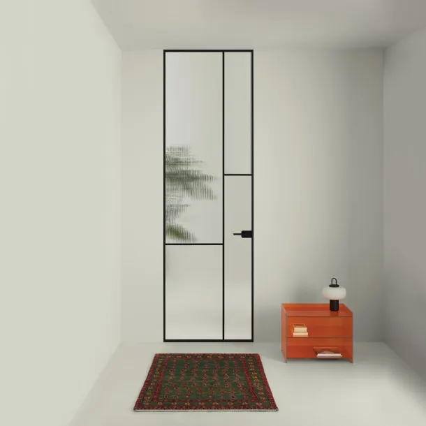 Interior flush wall door Sherazade Swing Plain Patchwork in glass with aluminum frame by Glas Italia.