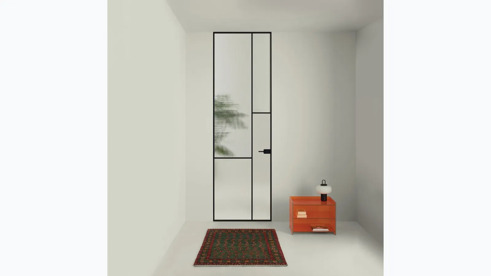 Interior flush wall door Sherazade Swing Plain Patchwork in glass with aluminum frame by Glas Italia.